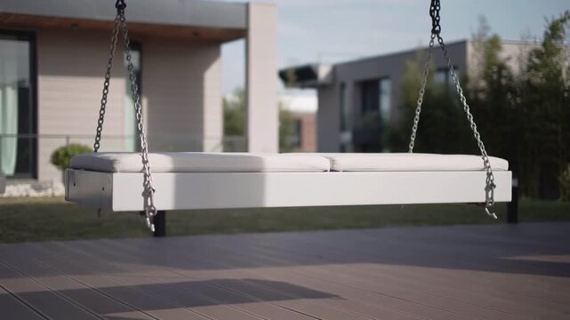 Chair outdoor swing on a patio with hanging ropes, calm residential backyard scene in daylight, modern home terrace perspective for lifestyle and