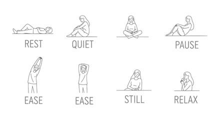 Obraz premium Set of 8 yoga poses icons vector, meditation and relaxation illustrations
