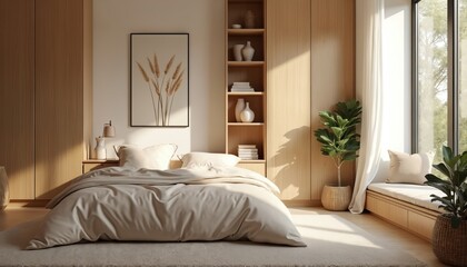 Fototapeta premium Sunlit bedroom with natural wood furniture and soft neutral bedding. A calming space with large windows, indoor plants, and minimalist decor. Peaceful sanctuary for relaxation and rest.