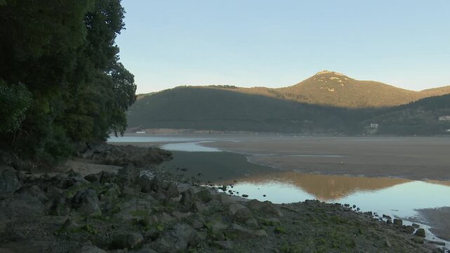 Scenic view of Urdaibai wetland in Bizkaia, a biosphere reserve and key migratory bird habitat. Natural marsh landscape with tidal waters, vegetation, and peaceful environmental biodiversity.