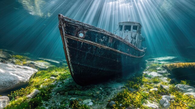 Sunken ship underwater with sunlight beams and oceanic flora