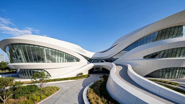 Outside shot of a sweeping parametric building featuring fluid non-Euclidean curves and sleek white materials under a clear blue daylight.