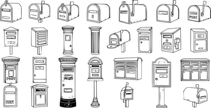 Hand-drawn sketch collection of diverse mailboxes and post boxes, featuring various styles of letterboxes, parcel boxes, and postal receptacles in a doodle art style.