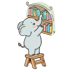 Cute cartoon baby elephant happily reading a book surrounded by fun animal vibes © bluu