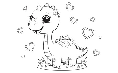 Obraz premium Cute dinosaur coloring page for kids with hearts
