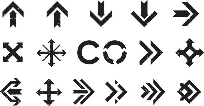 Collection of black directional symbols and arrows on white background