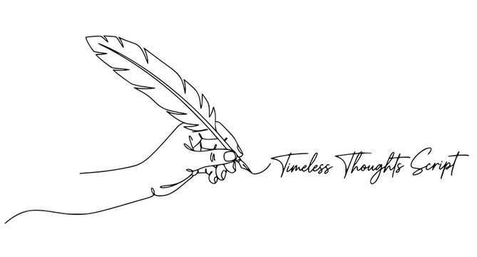 A minimalist line art illustration of a hand holding a feather quill pen