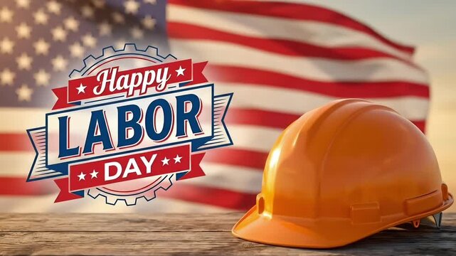 Animated construction helmet with american flag waving background for labor day honoring workforce dedication international worker day industrial patriotic motion scene
