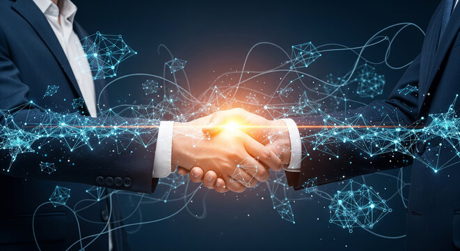 Glowing digital handshake between businessmen perfect for cyber technology partnership and smart network