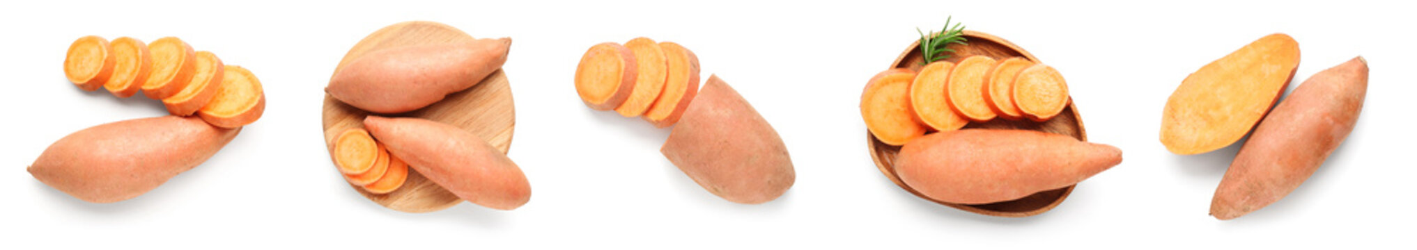 Collage of orange sweet potatoes isolated on white, top view