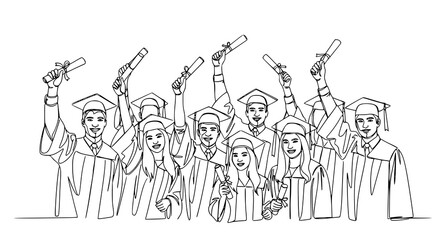 Obraz premium A group of graduates in caps and gowns celebrating with diplomas