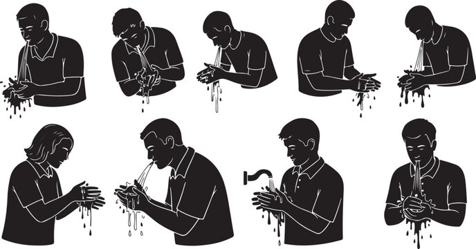 Silhouette of a man washing hands in various positions