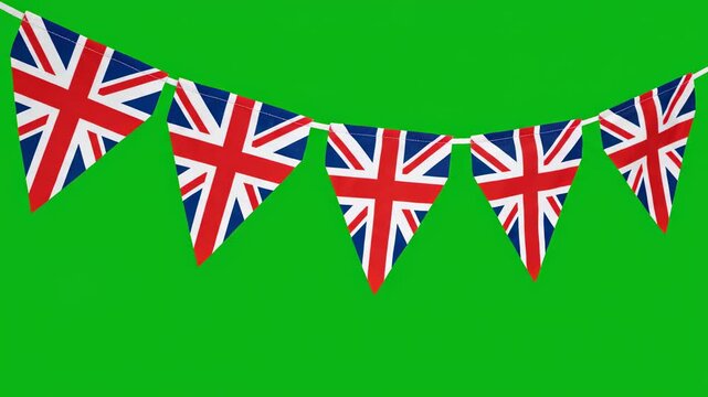 Union Jack flag bunting against a vibrant green screen background, ready for chroma key compositing.