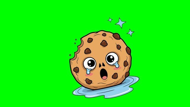 A visibly distressed and crying cookie character with a bite taken out, shedding tears, isolated on a bright green screen background for easy keying.