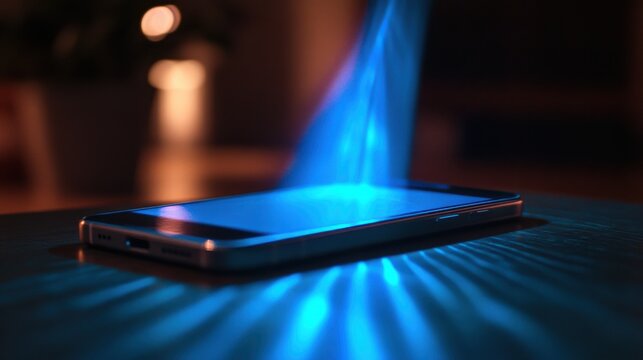 mobile device casting radiant blue beam across glossy counter, neon reflections and shallow depth create lively urban nightlife mood, subtle motion blur and concentric light ripples emphasize