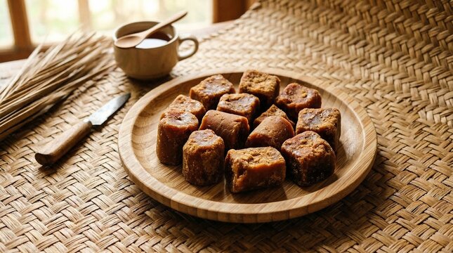 Natural Jaggery Cubes on Wooden Plate, Traditional Sweetener, Rustic Food Photography