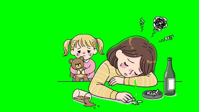 A sad child observes a parent consumed by alcohol and cigarette addiction, a heartbreaking depiction of family struggles and emotional neglect.