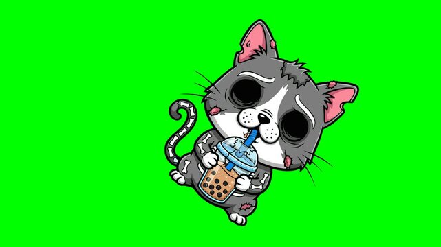 A quirky cartoon zombie cat with stitches and skeletal details playfully enjoys a bubble tea beverage isolated on a vibrant green screen background perfect for animation.