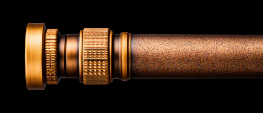Close up macro of brushed metal pipe with textured surface and knurled rings in warm bronze color isolated on black background