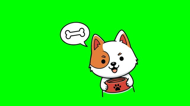 Happy cartoon dog character holding a red food bowl with a bone thought bubble appears on a green screen chroma key background a cheerful animated element.