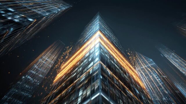 Modern City Skyscraper: Architectural marvels in an urban landscape, these towering skyscrapers, set against a dark, moody backdrop, showcase the dynamic pulse of modern city life.