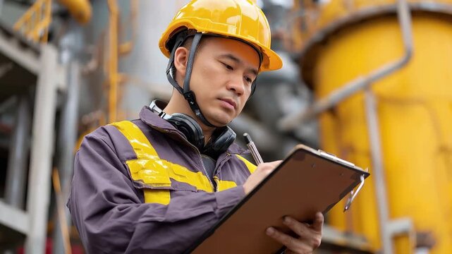 Factory compliance inspection engineer reviews safety protocols and equipment conditions at industrial facility during routine assessment