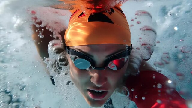 Female swimmer wearing a hat and goggles trains intensely in the water during a morning practice session for competitive swimming