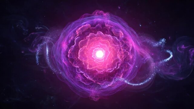 Celestial Bloom: A mesmerizing display of cosmic energy and stellar evolution, with vibrant purples and pinks swirling to create a breathtaking celestial flower, a symphony of light and nebulous form.