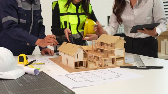 brainstorming and measuring for cost estimating on paperworks and floor plan drawings about design architectural and engineering for houses and buildings.