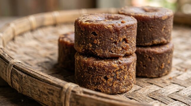 Organic brown sugar blocks stacked on a woven tray, natural sweetener ingredient