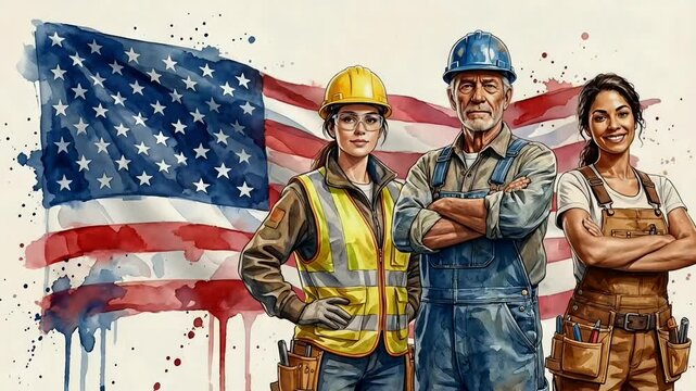 Labor day diverse workers standing with american flag background honoring workforce unity and strength for international worker day celebration patriotic industrial concept