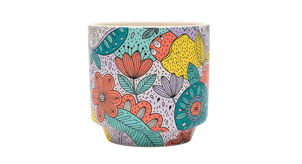 A colorful floral patterned cup in the style of Naive Art on transparent background