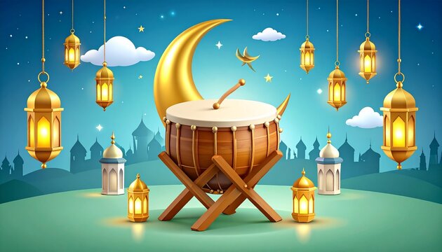 Ramadan night scene with bedug drum, lanterns, and crescent moon in serene village backdrop