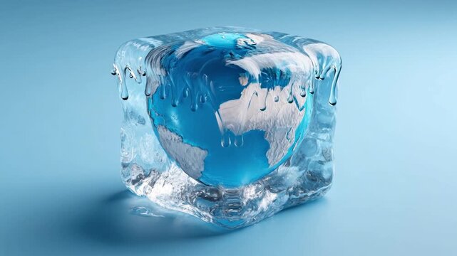 Global Warming in Ice Cube: A conceptual image where the globe encapsulated within a melting ice cube, symbolizing the fragility of the planet and the escalating effects of global warming.