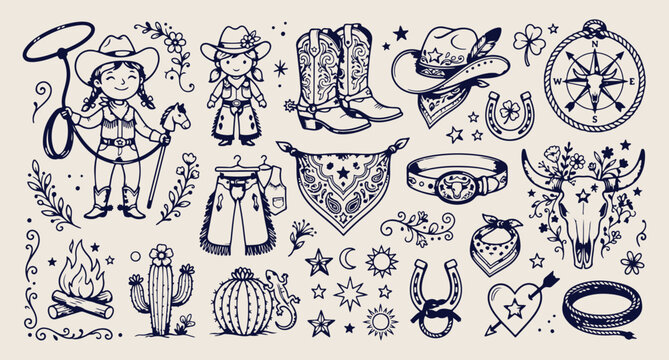 Western cowboy country life pattern, hand drawn rancher boots sketch, wild west cowboy hat doodle, rodeo country music background, desert adventure vector illustration, rustic western lifestyle art, s