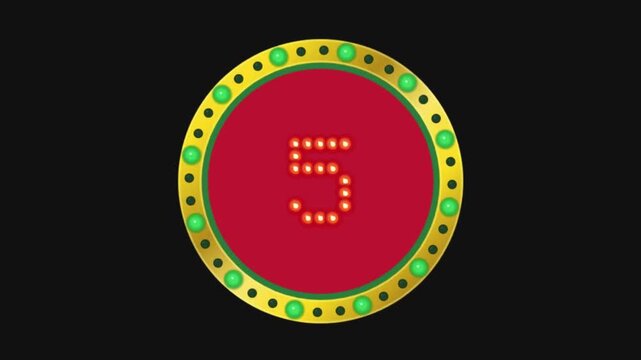 10 Second Digital Countdown Timer Inside Red Oval With Gold And Green Jewel Border And Glowing LED Numbers On Black Background