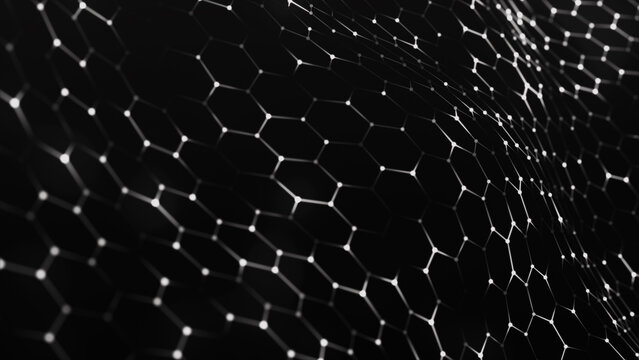 A monochrome hexagonal grid spreads out in the darkness, maintaining a strict rhythm and order. A futuristic hexagonal background. Honeycomb patterns create a sense of hidden structure and