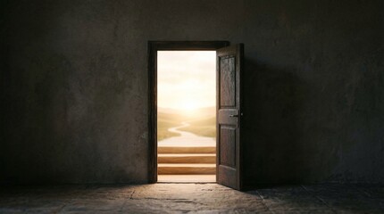 Obraz premium Open Door to Bright Future, Hope, New Beginnings, Pathway to Success, Sunrise