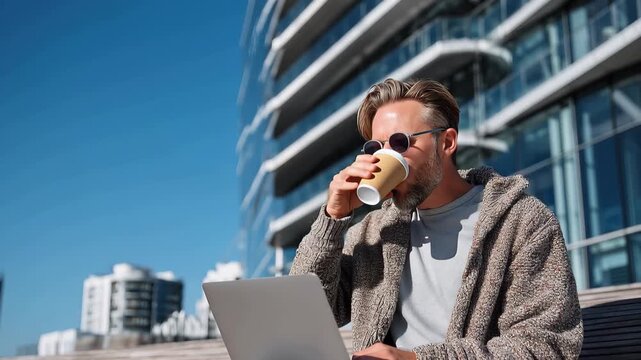 Flexible working man enjoys laptop use outdoors at modern office building during sunny day