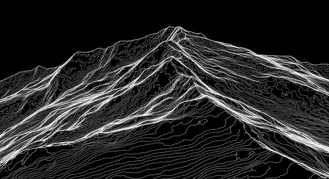 Digital Topographic Map of a Mountain Range with Contour Lines on a Black Background