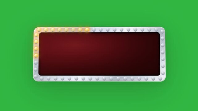 Blank Rectangular Marquee Sign Board With Chasing Lights And Silver Frame On Green Screen Background