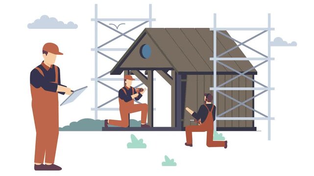 Supervisor Checking timber house construction animation, wooden framework and roof installation scene animated video, carpenters Clip, woodworker footage, tradesperson and craftsmen motion graphics