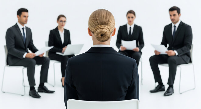 Businesswoman facing a row of sitting corporate applicants perfect for professional human resources interview