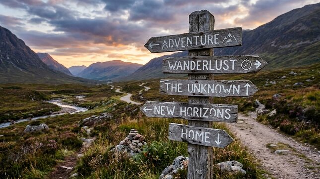 Signpost with directions to Adventure, Wanderlust, The Unknown, New Horizons, and Home in a scenic landscape