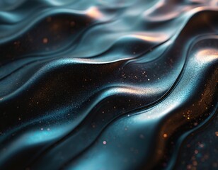 Obraz premium Dark metallic waves flow with subtle iridescent lines. Tiny golden sparkles glitter on the smooth, undulating surface. This abstract background offers a luxurious, modern feel.
