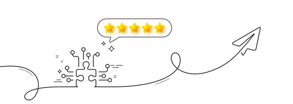 Puzzle with many options line icon. Continuous line with share plane. Decide Jigsaw sign. Business challenge symbol. Five star rate review in speech bubble. Puzzle options single line ribbon. Vector