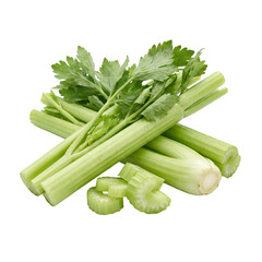 Obraz premium Fresh, vibrant green celery stalks and crisp sliced pieces beautifully presented, ideal and appealing for healthy cooking and nutritious recipes