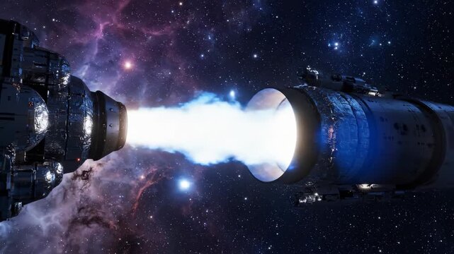A colossal spaceship engine flares to life, expelling intense blue plasma into a spectacular, colorful nebula and starry cosmos.
