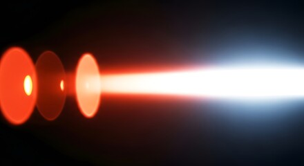 Fototapeta premium Abstract horizontal light beam with bokeh, Red to white glowing light streak, Cinematic lens flare on dark background, Ethereal blurred light beam texture, Minimal black backdrop with radiant light