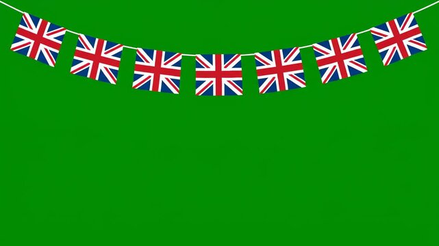 A string of Union Jack flags hanging against a solid green screen background, suitable for chroma keying or patriotic celebrations.